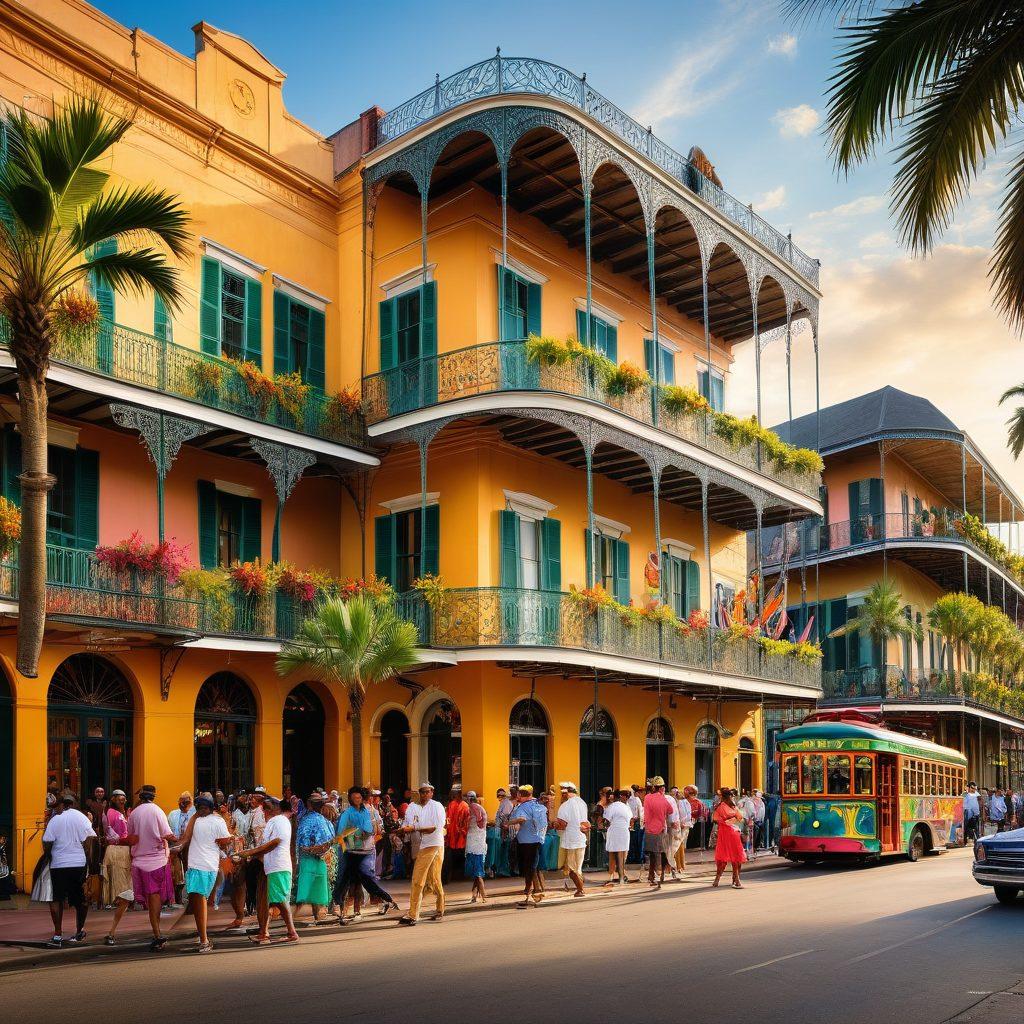 A lively street scene in New Orleans featuring colorful historic buildings adorned with festive decorations, jazz musicians playing on a vibrant corner, and people enjoying local food and drinks at outdoor cafes. Include palm trees swaying in the background and a hint of Mardi Gras festivities in the atmosphere. super-realistic. vibrant colors. dynamic composition.