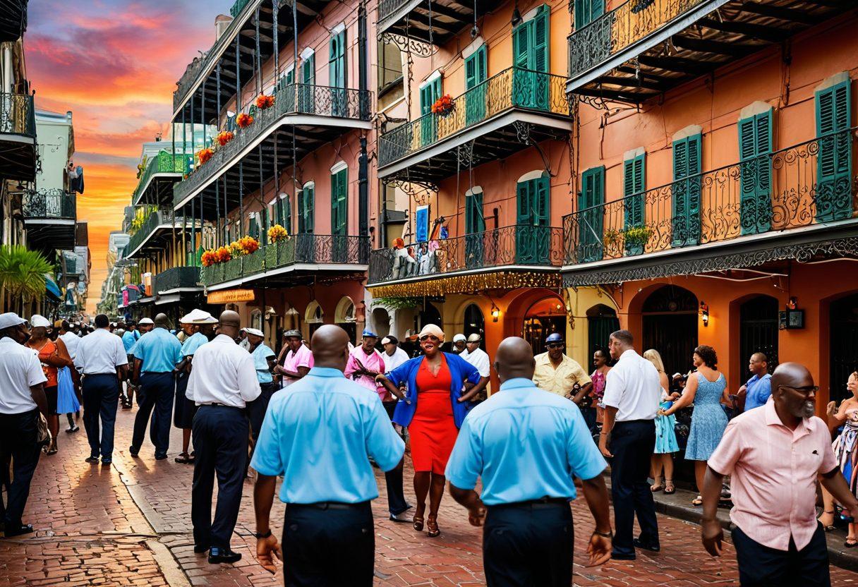 A vibrant street scene in New Orleans, featuring lively jazz musicians playing on a colorful sidewalk, locals and tourists dancing, historic French Quarter architecture with intricate ironwork balconies, and festive decorations. Capture the essence of NOLA's culture with bright festival colors, food stalls serving gumbo and beignets, and a backdrop of a sunset. super-realistic. vibrant colors. 3D.