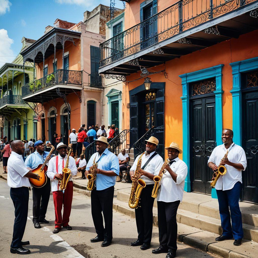 A vibrant street scene in New Orleans filled with lively music, artists, and people enjoying the energetic atmosphere. Include iconic elements like jazz musicians playing, colorful storefronts, and traditional Creole houses. Capture the essence of community with diverse individuals sharing laughter and conversation. Use warm, inviting colors to emphasize the lively spirit of the city. super-realistic. vibrant colors. energetic ambiance.